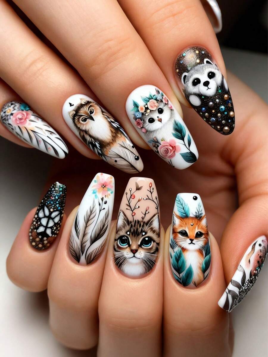 Móng giả hình mèo cú dễ thương, dáng hạnh nhân cỡ trung bình, thiết kế charm Y2K, bộ móng giả hình mèo đen, nơ và ngôi sao dành cho nữ, 24 chiếc. - Nhiều màu - Xem 1