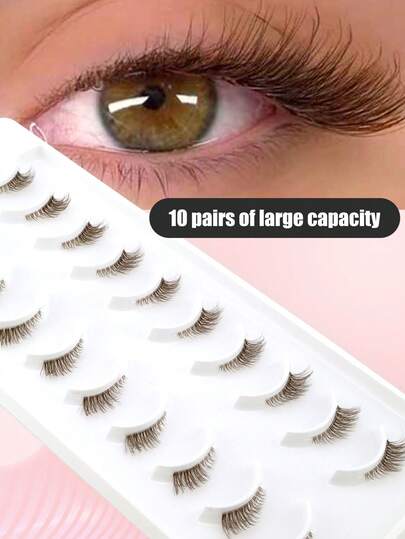 10 Cặp mi giả màu nâu, dáng dài, có cánh, không viền, ôm sát tự nhiên, 3D, xoăn bồng bềnh, màu caramel, làm từ lông chồn nhân tạo, mềm mại và nhẹ, thích hợp cho người mới bắt đầu, phù hợp cho các buổi hẹn hò và du lịch.
