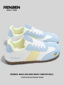RENBEN 2026春季新款白色系带厚底运动鞋，女士休闲高帮校园学生硫化鞋，1双装 - 白蘭地 - 查看 4