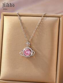 Hihho 1 chiếc mặt dây chuyền hình ngôi sao/hành tinh màu hồng nhạt sang trọng, thiết kế lãng mạn với hình dáng hành tinh được bao quanh bởi kim cương và vòng sao, nhẹ nhàng và thanh lịch, phù hợp cho phụ nữ đi làm hàng ngày và hẹn hò. - Hành tinh trong mơ - Xem 9