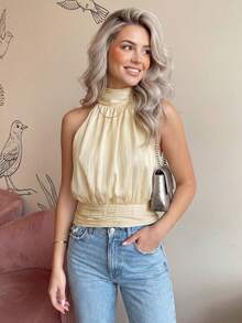 Womens Summer Halter Tank Tops Fashionable Solid Color/Dot Print Backless Going Out Vest - Yellow - View 4