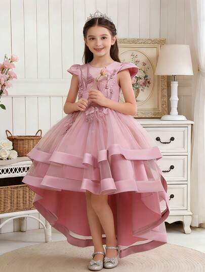 Vestido de princesa para niños, vestido de cola larga modelo pasarela para niña preadolescente, vestido de novia, vestido abultado bordado para actuación de piano (consulte la tabla de tallas en los detalles del producto para seleccionar el tamaño)
