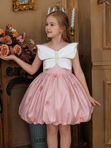 小女孩吊带3D花朵蝴蝶公主裙，适合小女孩生日派对、舞会、选美比赛、花童、伴娘、婚礼、节日庆典等场合。 - 淺粉色 - 查看 4
