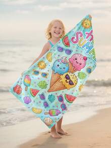 1 pieza Toalla de playa para niños con diseño de helado de dibujos animados, súper absorbente y de gran tamaño, adecuada para playa, piscina, viajes, camping, yoga, disponible en varios tamaños - Multicolor - Ver 2