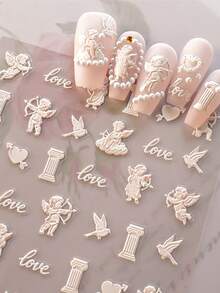 1 pieza Pegatinas de arte de uñas del Dios del Amor, color rosa 5D en relieve autoadhesivas para decoración de uñas DIY - Suministros y adornos para uñas para niñas y mujeres - Uñas de primavera y verano para salón de uñas en casa - Multicolor - Ver 3
