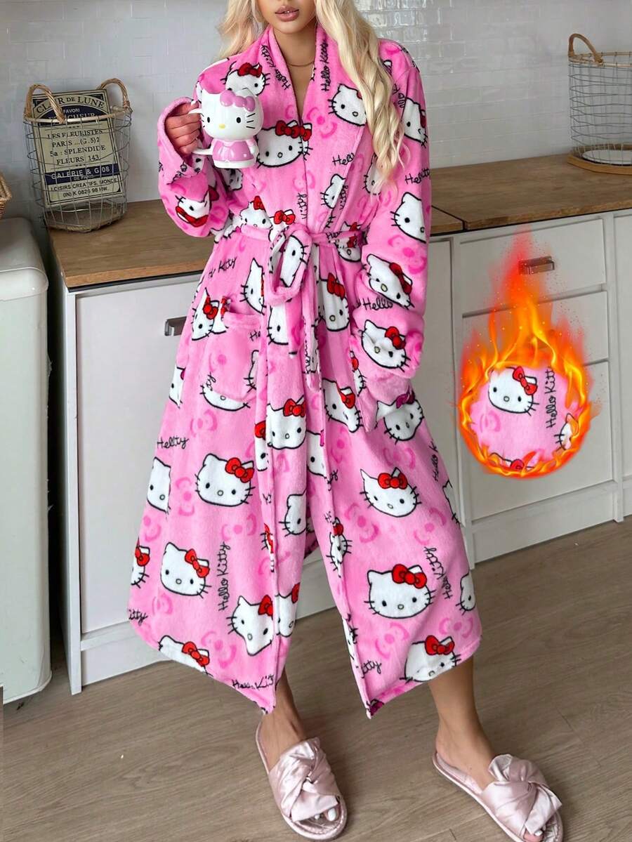 SANRIO 1pc Hello Kitty Women's Plush Robe, Cute & Elegant, Warm & Comfortable For Autumn/Winter - Hot Pink - View 1
