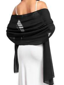 女士柔软纯色薄纱披肩舞会派对礼服配饰雪纺披肩 - 黑色 - 查看 3