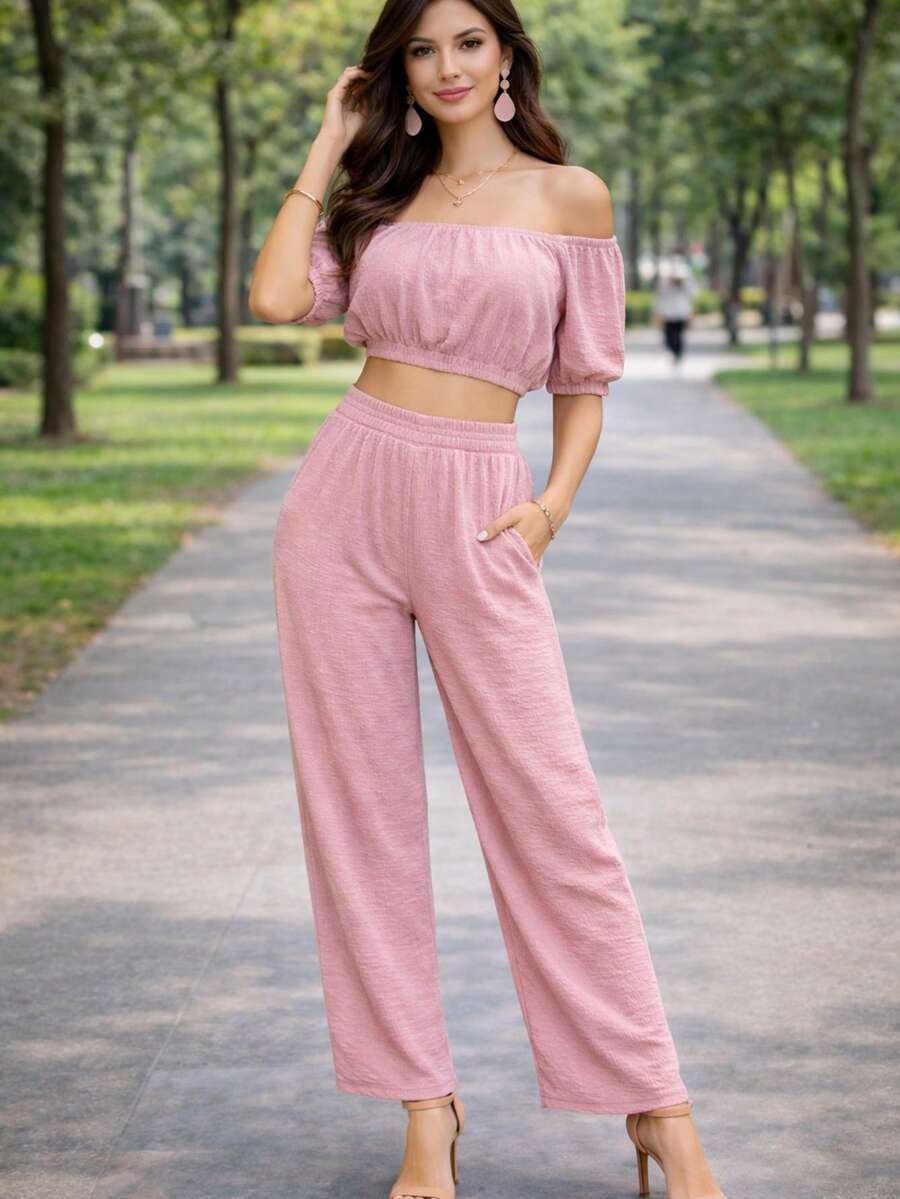 Set de dos piezas Ligero delgado Pantalón y blusa ombliguera de moda para mujer casual de uso diario de moda top corto unicolor para vacaciones - Rosa - Ver 1