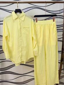 Linen Shirt And Pants Set (2 Pieces), Lined With Elastic. - Yellow - View 2