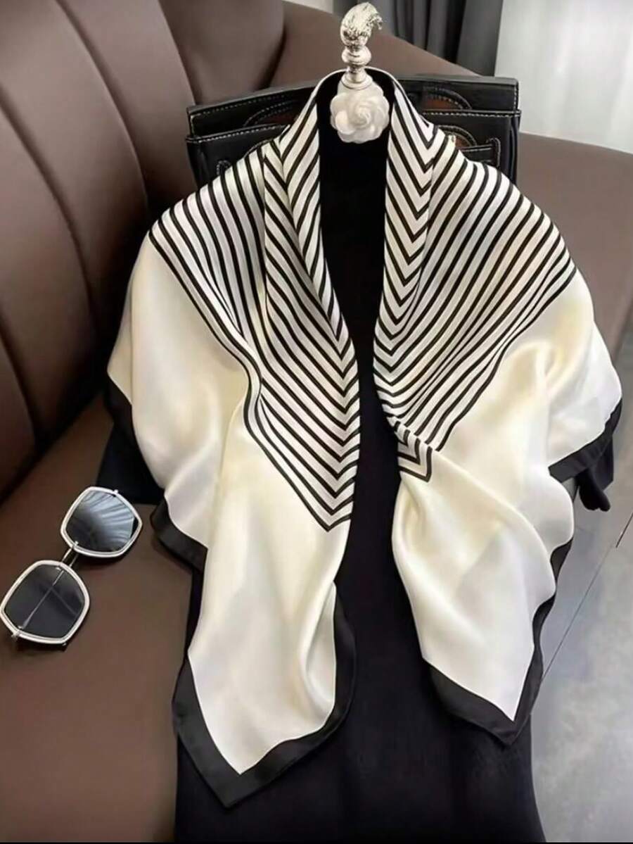 1 pièce Foulard carré de 90 cm à motif rayé décontracté, convenant pour le printemps et l'automne. Peut être utilisé comme foulard de tête, ceinture, accessoire de sac, ceinture décorative, coiffe et autres foulards mode polyvalents pour femmes - Noir et Blanc - Voir 1