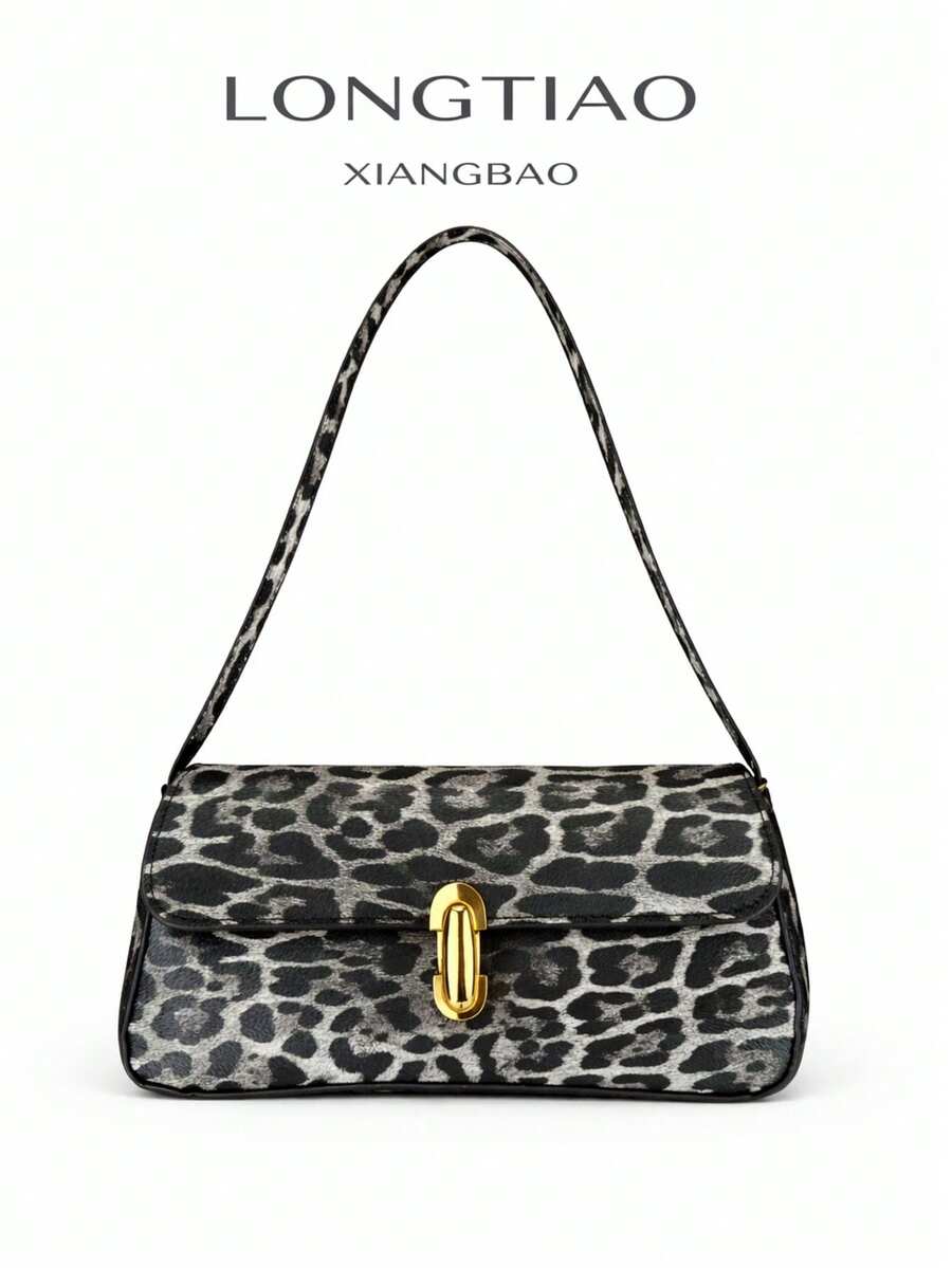 Women's Shoulder Bag, Retro Leopard Print Baguette Bag, Niche Design Underarm Bag, Elegant Commuter Handbag - Black - View 1