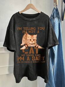 A Fun Design Full Of Cute Humor And Family Warmth, A Washed And Vintage T-Shirt With Cute Cat Illust  Washed T-Shirt - Black - View 1