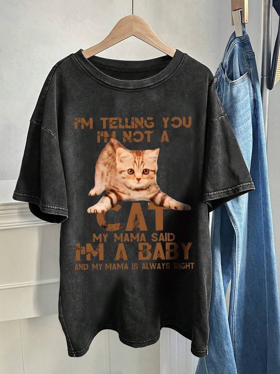 A Fun Design Full Of Cute Humor And Family Warmth, A Washed And Vintage T-Shirt With Cute Cat Illust Washed T-Shirt - Black - View 1
