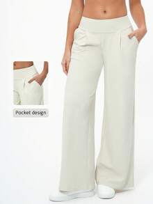 TimeOff 1件装 女士宽松版型 收腰阔腿 带口袋 运动裤 - 杏色 - 查看 1