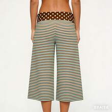 Women's Solid Fold-Over Waist Capri Pants, Casual Low Rise Wide Leg Cropped Trousers - Màu xanh Bạc hà - Xem 2