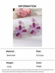 OOQ 1 Pair Summer Vacation Style Handmade Raffia Flower Earrings, Minimalist Design, Feminine Aesthetic, Dopamine Boosting Vibrant Color, Suitable For Beach Party, Valentine's Day, Mother's Day, Back To School Gifts (Handwoven Technique Varies, Handmade May Have Slight Glue Residue) - Purple - View 6