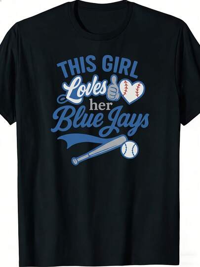 Letnie topy 2026 Nowy klasyczny T-shirt "This Girl Loves Her Blue Jays" – Męski, oversize'owy T-shirt z grafiką i okrągłym dekoltem, odpowiedni na każdą porę roku, lekko elastyczny materiał, swobodny styl, nadruk, idealny dla mężczyzn. Bawełniany T-shirt, topy damskie, letnie topy.