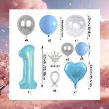 32-Inch Blue Number Balloon, Silver Crown Decor, Magic Mirror Balloon, Blue & Silver Heart Balloon, And Latex Balloon Combo, Suitable For Frozen-Themed Birthday Party, Princess-Style 1st Birthday Decoration, Children's Birthday Photo Backdrop, Girls' Growth Celebration, Parent-Child Party Atmosphere, Easily Create A Fairy Tale-Like Frozen Princess Party Scene - View 2