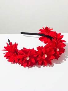 1件纯色韩版时尚多巴胺花朵发箍，创意手工3D花朵珍珠装饰，甜美优雅百搭头饰，适合派对、节日、生日等场合佩戴。 - 紅色 - 查看 3
