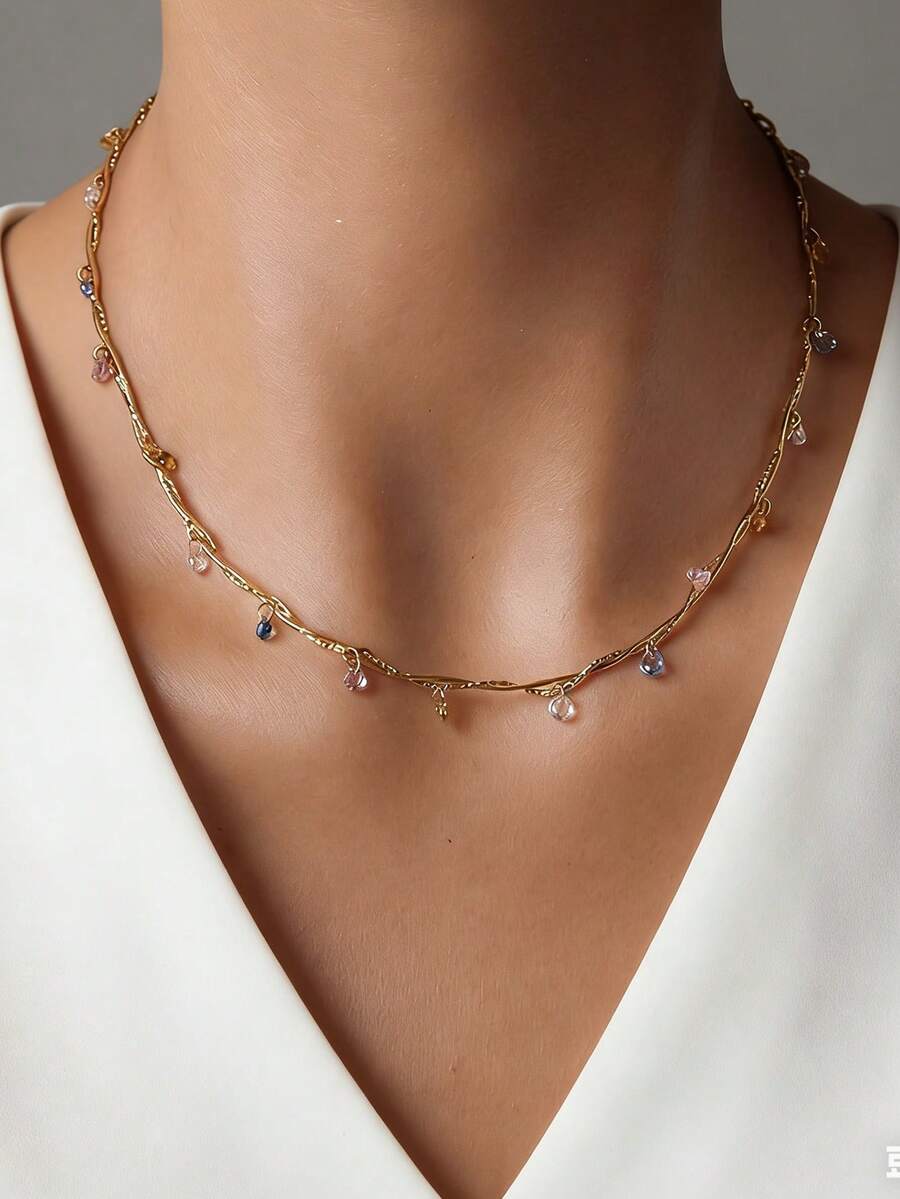 MECYLIFE 1pc Stainless Steel Wrapped Chain Necklace, Colorful Stone Minimalist Versatile Jewelry Accessory, Summer Necklace - Yellow Gold - View 1