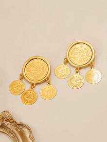 2 chiếc ghim cài áo tua rua hình đồng xu cổ điển - Hoa tai dáng dài kiểu thư pháp Ả Rập Bohemian và vòng nguyệt quế, trang sức thời trang nữ cho tiệc tùng và mặc hàng ngày. - Vàng - Xem 3