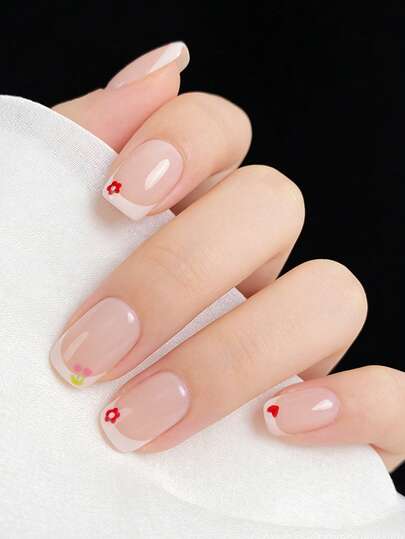 24 piezas de parches de manicura acrílicos cuadrados cortos con bordes blancos, diseño de patrón de flor de cinco pétalos de cereza con estilo francés, incluye 1 pieza de pegamento de gelatina y 1 lima de uñas, adecuado para fiestas, eventos y uso diario. Adecuado para mujeres y niñas. Incluye herramientas de manicura. Juego de manicura moldeable
