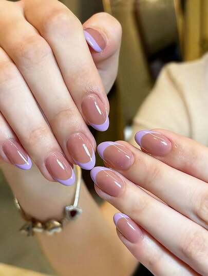 24片/套 椭圆形极简浅紫色法式亚克力美甲贴片，包含1瓶甲油胶和1把指甲锉，适合所有女性/女孩日常佩戴、参加派对、春夏必备美甲用品