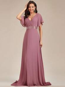 Butterfly Sleeve Chiffon Solid Color V-Neck Pleated Elegant Bridesmaid Dress Wedding - Dusty Pink - View 5