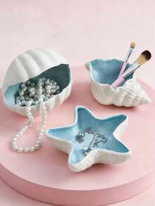 3pcs Decorative Ceramic Jewelry Tray Set, Shell & Starfish Shaped Dishes, Ceramic Ring & Earring Holder Organizer, Ocean Theme Decor Plate For Rings, Earrings, Necklaces, Bracelets, Watches, Keys, Suitable For Bathroom, Bedroom, Office, Home Decor - Multicolor - View 3
