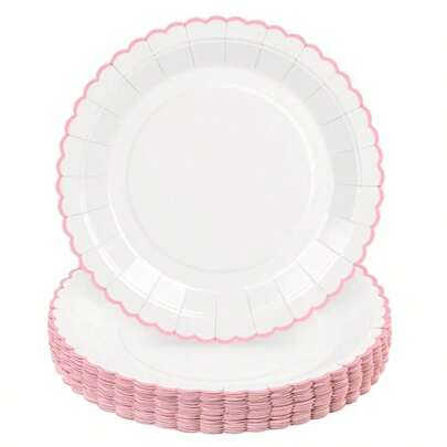 10pcs/20pcs/40pcs Pink & White 7-Inch And 9-Inch White Party Paper Plates, Pink Scalloped Edge Disposable Plates, Suitable For Baby Shower, Wedding, Mother's Day, Birthday, Garden Party And Holiday Gatherings