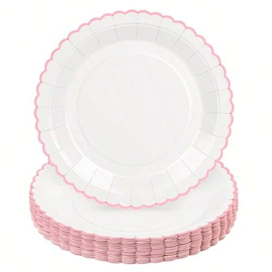 10个/20个/40个装粉色和白色7英寸和9英寸派对纸盘，粉色扇形边一次性纸盘，适用于婴儿派对、婚礼、母亲节、生日、花园派对和节日聚会 - 粉紅色 - 查看 1