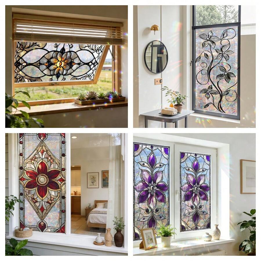 1pc Rainbow Colored Glass Window Film, Elegant Floral Mandala Pattern, Static Cling, Privacy Protection, Removable Window Decal, Suitable For Home, Office, Living Room - Multicolor - View 1