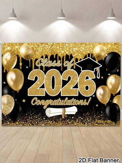 1pc Graduation Banner Background, Class Of 2026 Congrats Grad Pattern Backdrop, Black Gold Background Cloth, Indoor Outdoor Wall Decor, Graduation Decorations 2026 High School College Party Supplies, Room Home Decor