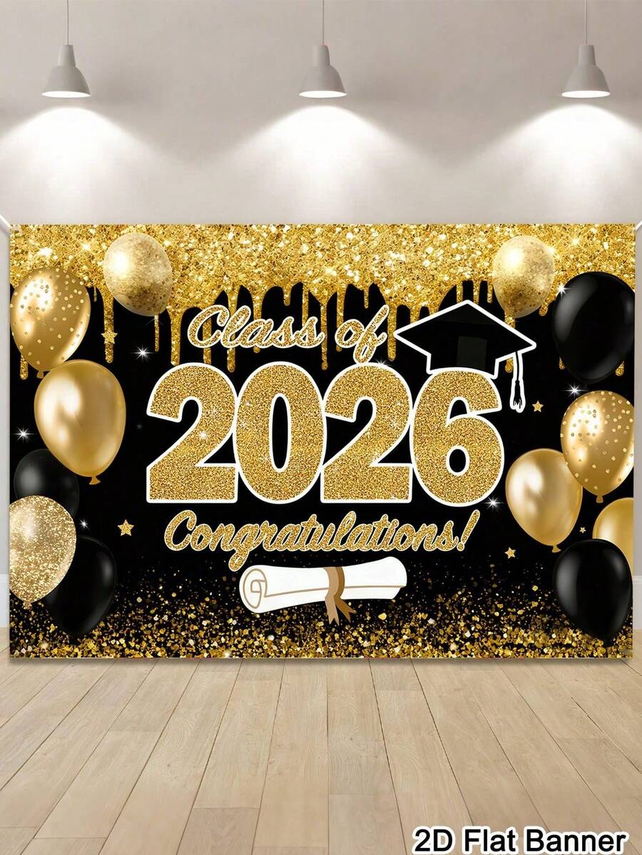 1件毕业横幅背景,2026届毕业祝贺图案背景布,黑金背景布,室内外墙面装饰,2026届高中大学毕业派对用品,房间家居装饰 - 001 - 查看 1
