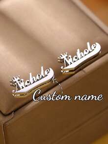 Customized Double-Layer Welded Earrings For Women, Personalized Letter Heart-Shaped Stud Earrings, Stainless Steel Crown Design 3D Nameplate Earrings - Silver - View 6