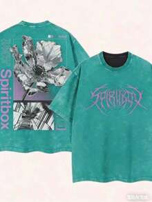 Men's Heavy Retro Street Style T-Shirt With Spiritbox Band Logo Print - Y2K Style Drip Ink Design Music Festival Outfit Loose Breathable Cotton Top - 湖綠色 - 查看 1