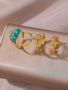 3pcs/Set 18K Stainless Steel Elliptical Geometric Infinity Symbol Turquoise Rings Set, Suitable For Women's Daily Wear, Mother's Day Gift - Gold - View 4