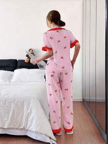 Dreamivo 2pcs Women Pajama Set, Pink Striped Floral Print Ruffle Trim Short Sleeve Top And Pants Sleepwear Set, Lapel Collar Comfortable Soft Short Sleeve Button-Up Shirt And Elastic Waist Pants, Casual Loungewear - Pink - View 2
