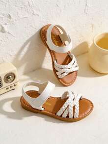 3-12 Years Old Girls' Adjustable Woven Criss-Cross Flat Sandals, White With Contrast Brown Woven Footbed, Handmade Style With Hook And Loop Closure - White - View 6