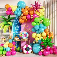 Este set de arco de globos tropical de verano incluye 149 globos de color naranja, rosa brillante, amarillo, azul, verde y dorado, así como globos de papel de aluminio con forma de estrella. Es adecuado para decorar fiestas con temática hawaiana, baby showers, fiestas de revelación de género, despedidas de soltero/soltera, fiestas de disfraces, bautizos y fiestas de cumpleaños. - Ver 1