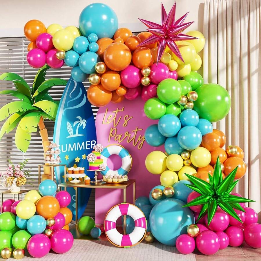 Este set de arco de globos tropical de verano incluye 149 globos de color naranja, rosa brillante, amarillo, azul, verde y dorado, así como globos de papel de aluminio con forma de estrella. Es adecuado para decorar fiestas con temática hawaiana, baby showers, fiestas de revelación de género, despedidas de soltero/soltera, fiestas de disfraces, bautizos y fiestas de cumpleaños. - Ver 1