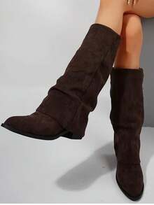 Suede Knee-High Boots For Autumn/Winter, French Style With Chunky Heel And Pointed Toe. Ref 9002 - 咖啡棕 - 查看 12