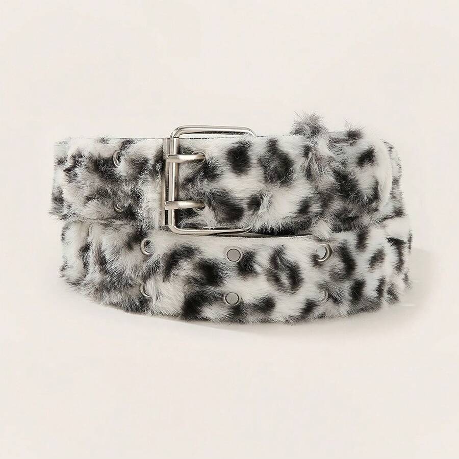 1 Piece Of Fashionable Faux Leopard Print Plush Pin Buckle Women's Belt, Punk Style Women's Belt, Retro Millennium Hottie Style Y2k Women's Belt, Comfortable And Cute Women's Belt, Versatile Pants, Dress And Skirt Belt, Suitable For Daily Commuting, Casual Wear, Partying, And As A Gift. - 白色 - 查看 1