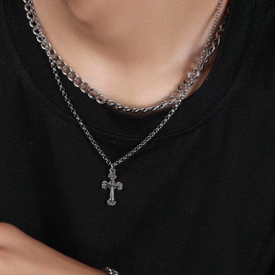 Collar cruzado de doble capa retro para mujer, cadena personalizada estilo europeo y americano, accesorios hip-hop de moda, cadena de clavícula para hombre - Plateado - Ver 1