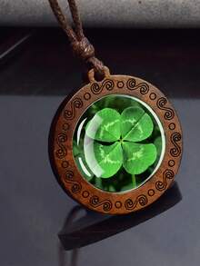 1 mặt dây chuyền hình cỏ bốn lá phát sáng trong bóng tối, màu xanh lá cây, làm bằng thủy tinh hoặc gỗ, kèm dây chuyền dạng dây thừng. - màu nâu - Xem 4