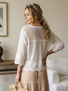 女士复古波西米亚风半透明蕾丝衬衫，V领纽扣刺绣梭织衬衫，常规长度休闲衬衫袖设计 - 杏色 - 查看 7