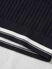 Men's Casual Vertical Ribbed Knit Polo Shirt, Contrast Trim Collar Short Sleeve Top - Black - View 9