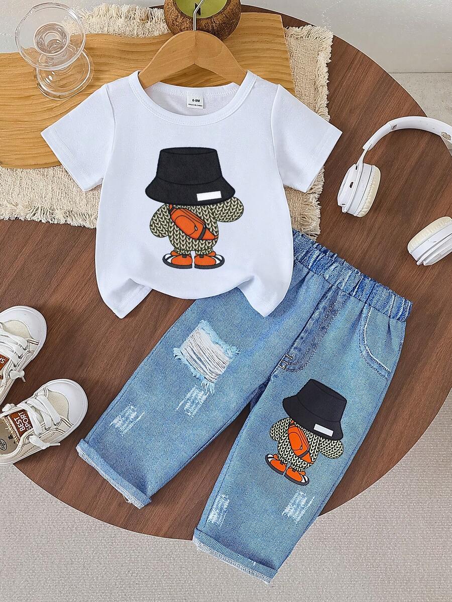 Setelan Bayi Laki-laki Kasual Lucu dan Nyaman dengan Motif Beruang, Atasan Lengan Pendek dan Celana Motif, Ringan untuk Musim Panas - MultiWarna - View 1