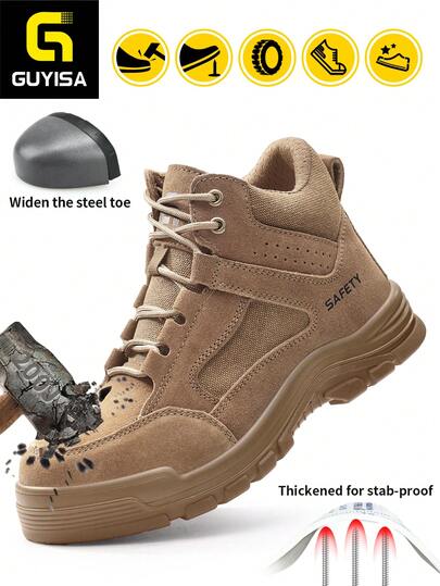 GUYISA Giày bảo hộ mũi thép dành cho nam, dòng Classic, chống va đập và chống đâm xuyên, thoải mái và thời trang cho mọi mùa, đế chắc chắn chống dầu và mạt sắt, màu nâu.