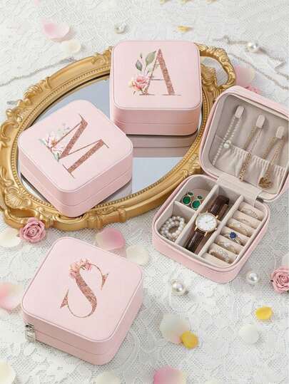 1 hộp đựng trang sức nữ, hộp đựng trang sức có họa tiết chữ cái, dung tích lớn, nhiều tầng phân loại, hộp đựng trang sức mini đa chức năng bằng da PU cao cấp có nắp lật, quà tặng Ngày của Mẹ